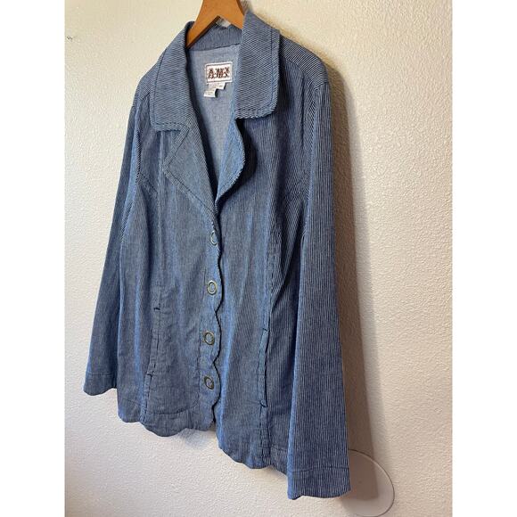 AMI Navy Blue Striped Scalloped Button Front Summer Style Jacket 1X Y2K - Picture 2 of 7